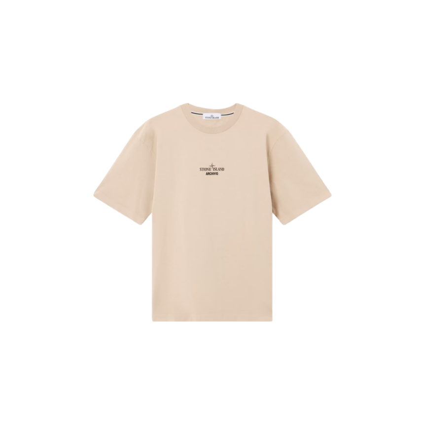 T-shirt col rond STONE ISLAND jersey coton bio beige sable imprimé Archivio dos