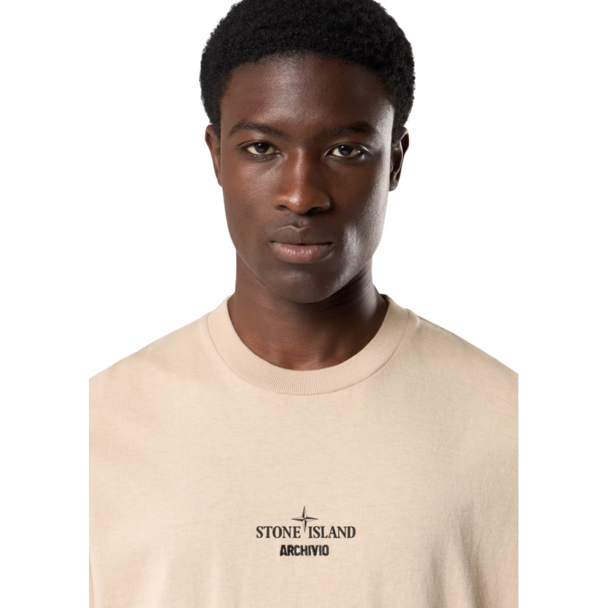 T-shirt col rond STONE ISLAND jersey coton bio beige sable imprimé Archivio dos