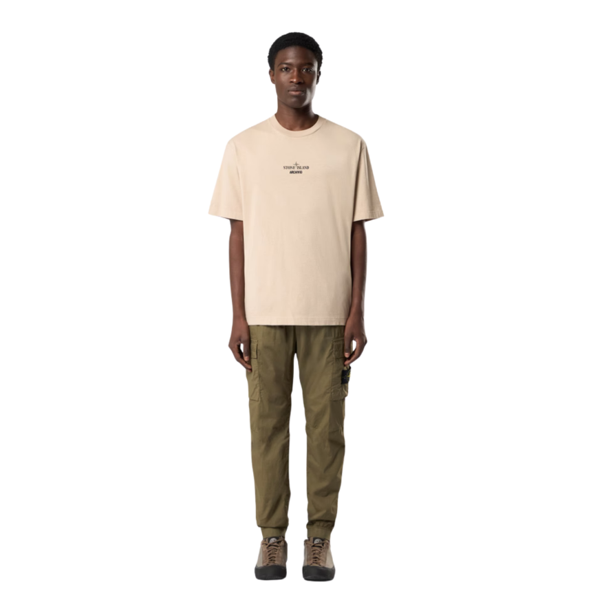 T-shirt col rond STONE ISLAND jersey coton bio beige sable imprimé Archivio dos