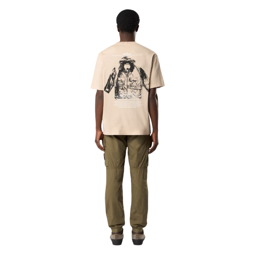 T-shirt col rond STONE ISLAND jersey coton bio beige sable imprimé Archivio dos