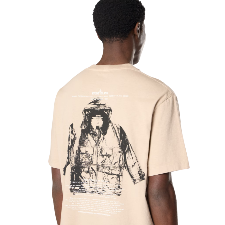 T-shirt col rond STONE ISLAND jersey coton bio beige sable imprimé Archivio dos