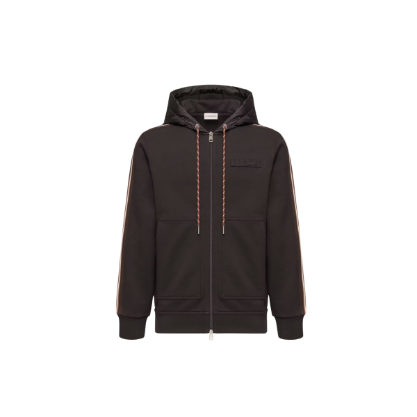 Sweat à capuche cardigan zippé MONCLER en coton noir bande marron logo rayé