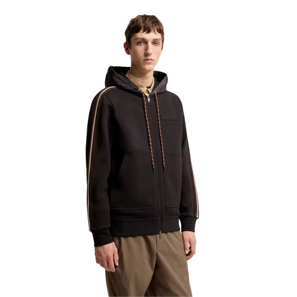 Sweat à capuche cardigan zippé MONCLER en coton noir bande marron logo rayé