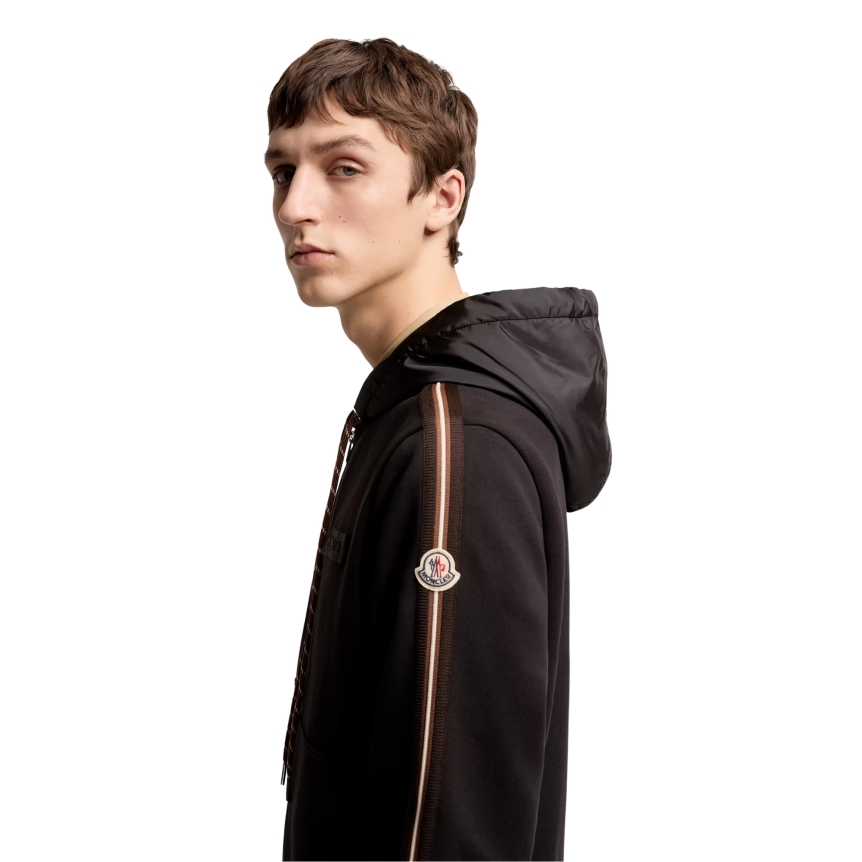 Sweat à capuche cardigan zippé MONCLER en coton noir bande marron logo rayé