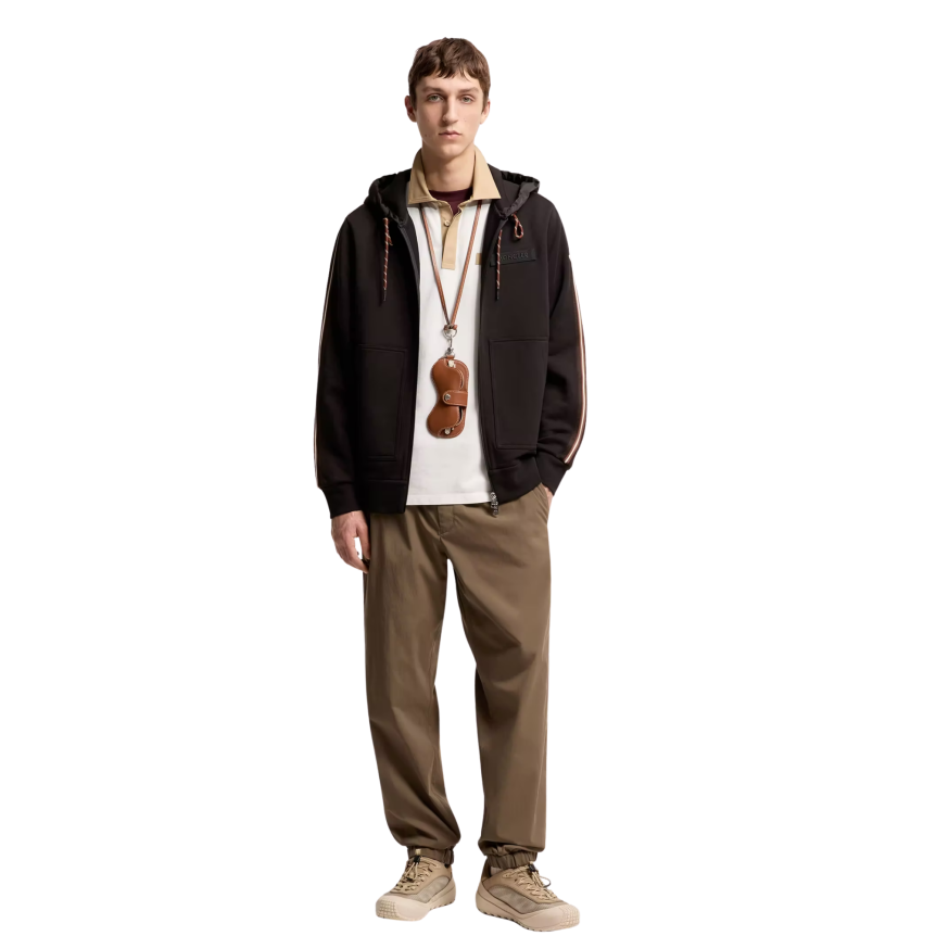 Sweat à capuche cardigan zippé MONCLER en coton noir bande marron logo rayé