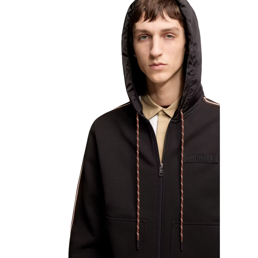 Sweat à capuche cardigan zippé MONCLER en coton noir bande marron logo rayé