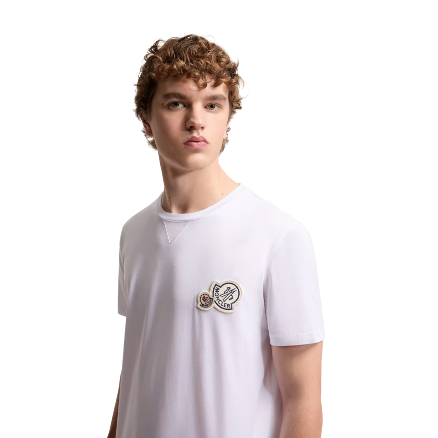 T-shirt col rond MONCLER manche courte coton blanc empiècement double logo