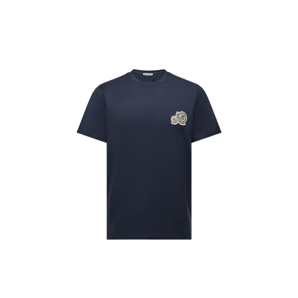 T-shirt col rond MONCLER manche courte coton bleu marine empiècement double logo