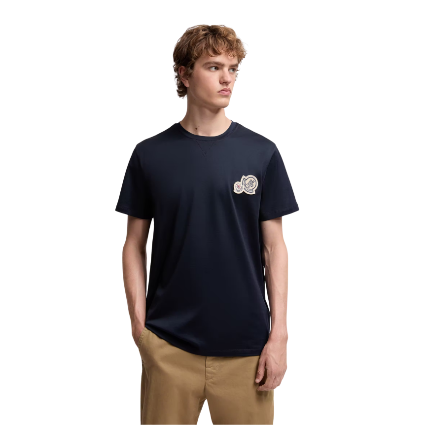 T-shirt col rond MONCLER manche courte coton bleu marine empiècement double logo