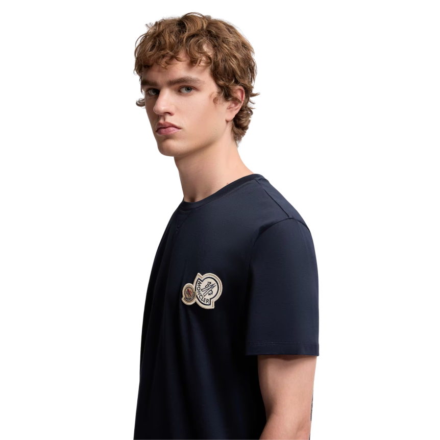 T-shirt col rond MONCLER manche courte coton bleu marine empiècement double logo