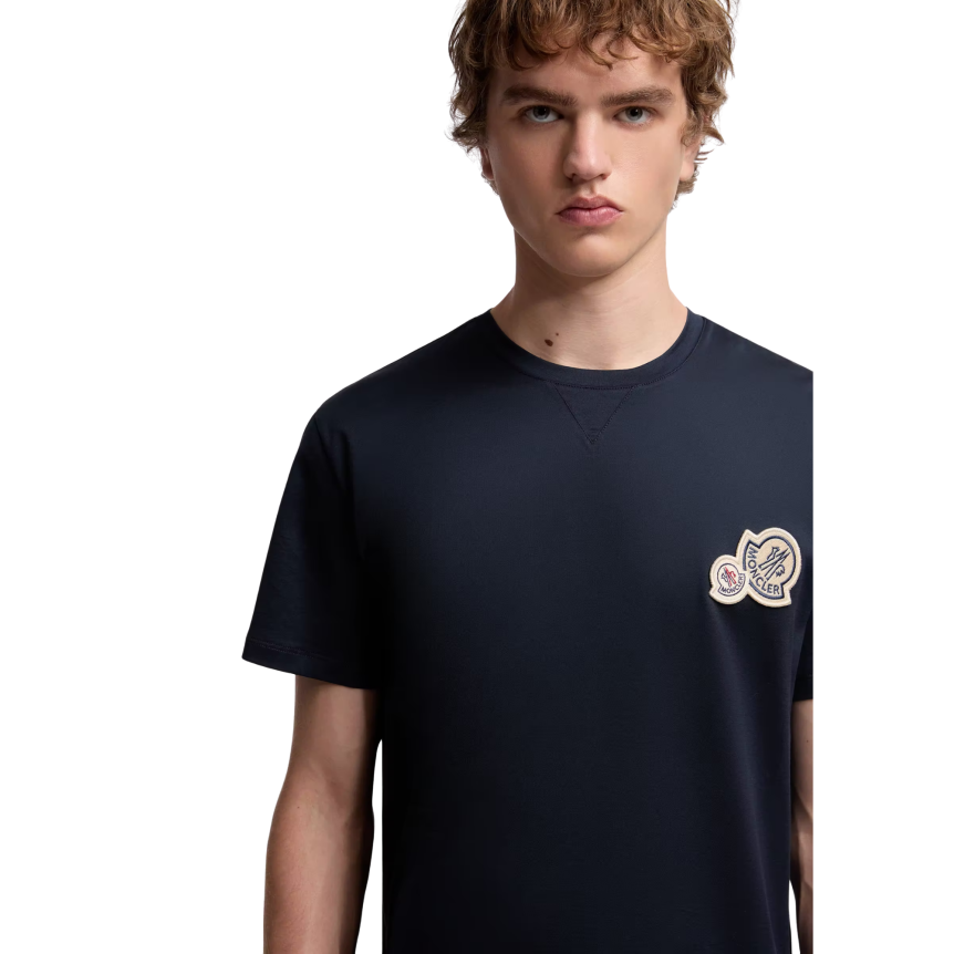T-shirt col rond MONCLER manche courte coton bleu marine empiècement double logo