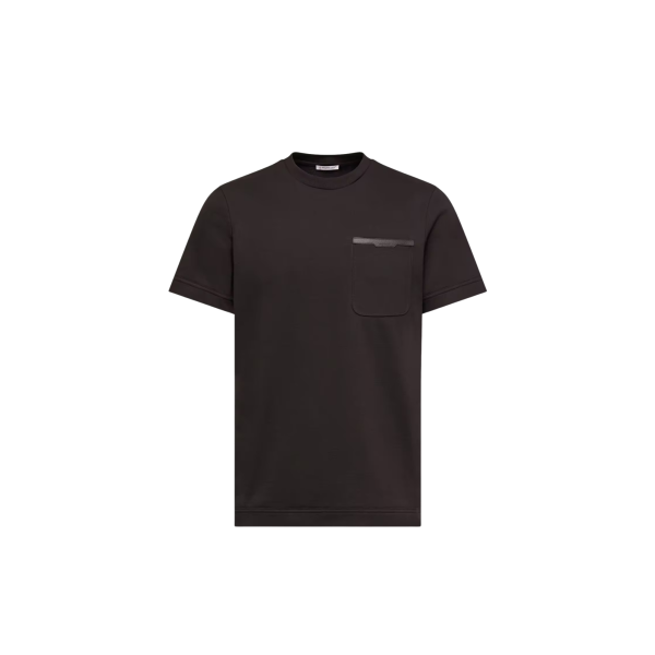 T-shirt col rond MONCLER manche courte coton noir bordure poche cuir