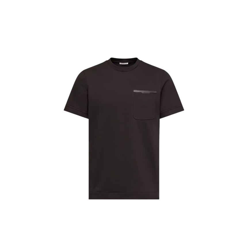 T-shirt col rond MONCLER manche courte coton noir bordure poche cuir