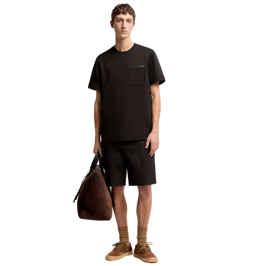 T-shirt col rond MONCLER manche courte coton noir bordure poche cuir