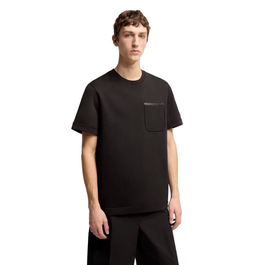 T-shirt col rond MONCLER manche courte coton noir bordure poche cuir