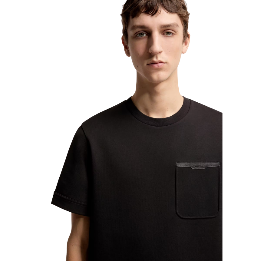 T-shirt col rond MONCLER manche courte coton noir bordure poche cuir