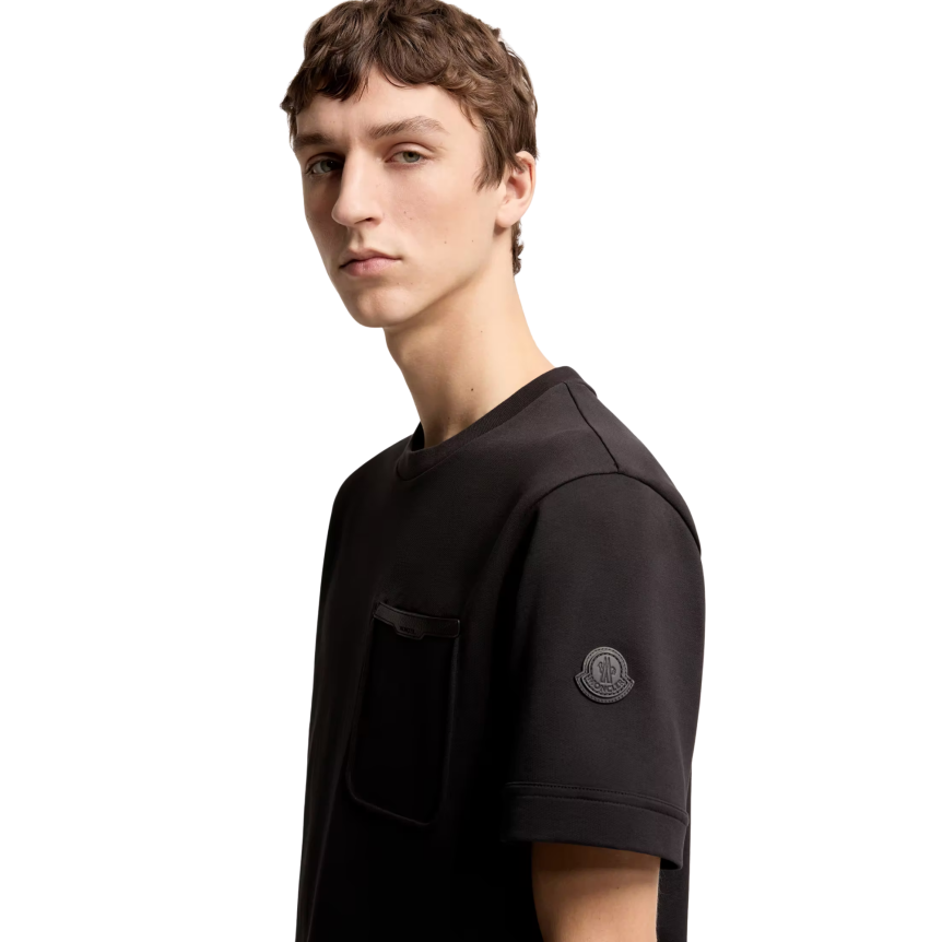 T-shirt col rond MONCLER manche courte coton noir bordure poche cuir