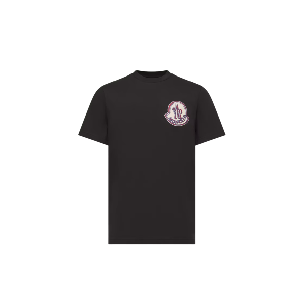 T-shirt MONCLER col rond coton noir gros logo rouge bleu