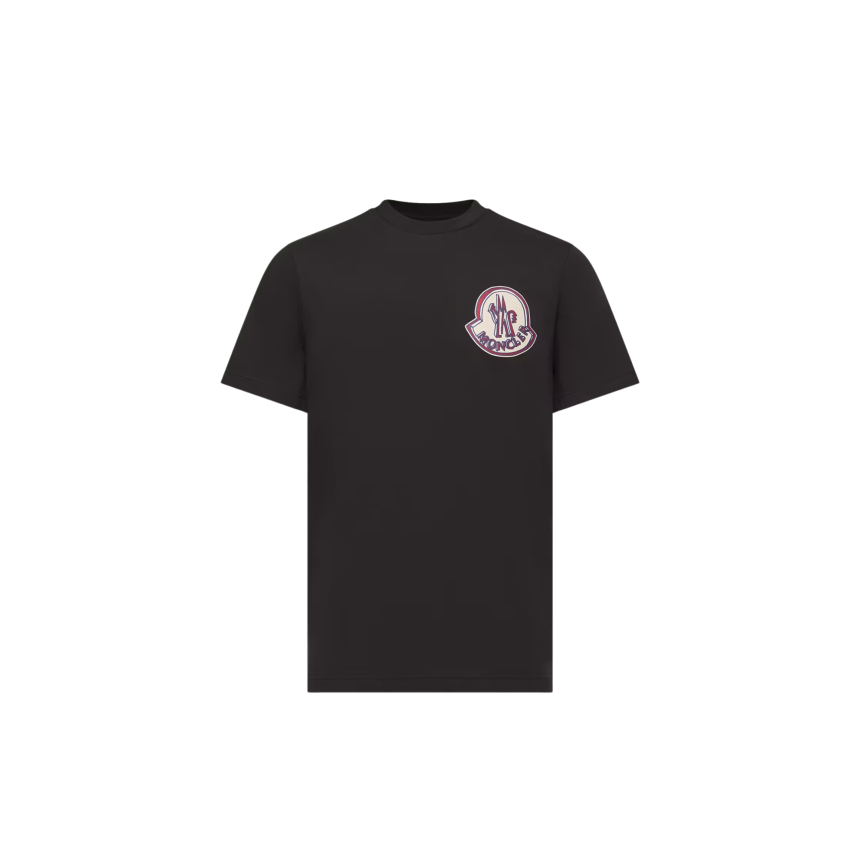 T-shirt MONCLER col rond coton noir gros logo rouge bleu