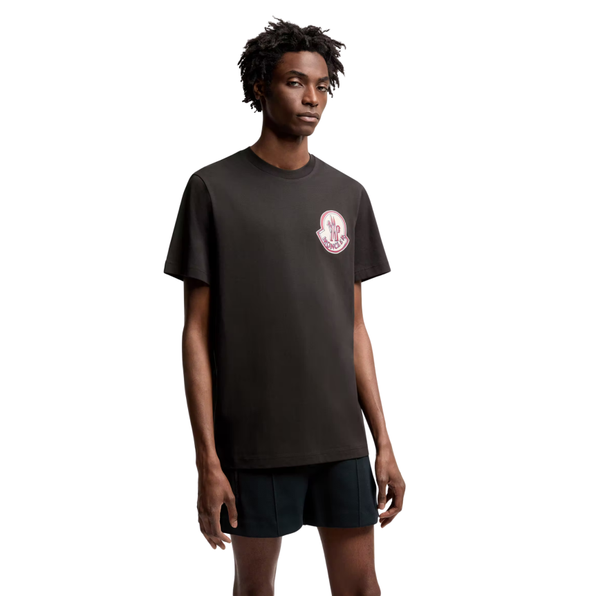 T-shirt MONCLER col rond coton noir gros logo rouge bleu