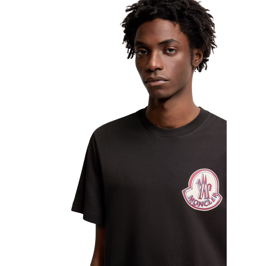 T-shirt MONCLER col rond coton noir gros logo rouge bleu