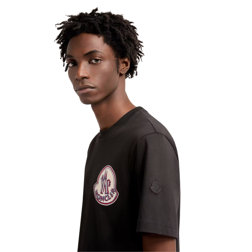 T-shirt MONCLER col rond coton noir gros logo rouge bleu