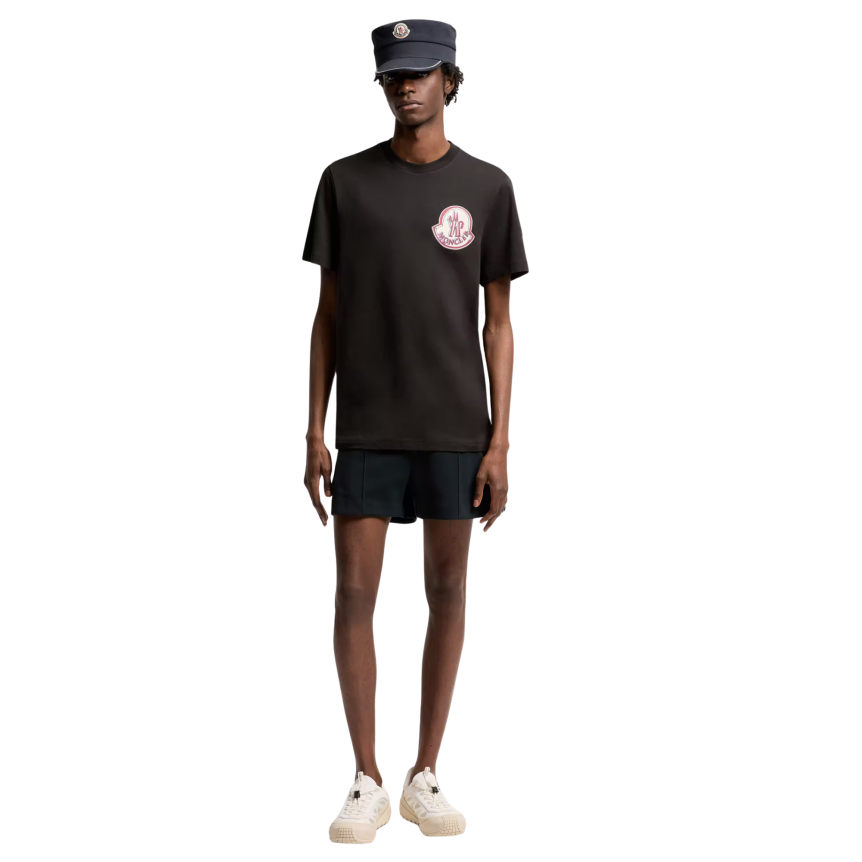 T-shirt MONCLER col rond coton noir gros logo rouge bleu