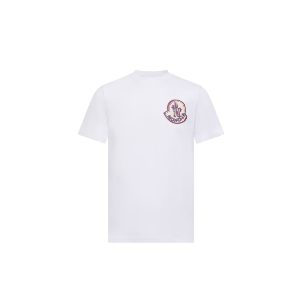 T-shirt MONCLER col rond coton blanc gros logo rouge bleu