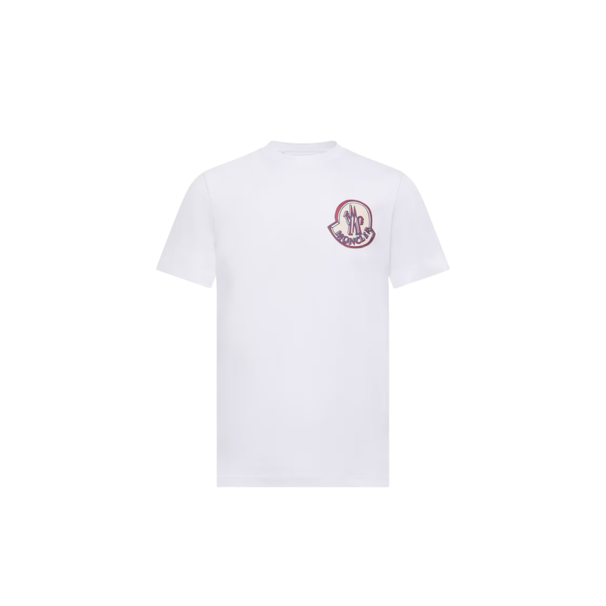 T-shirt MONCLER col rond coton blanc gros logo rouge bleu