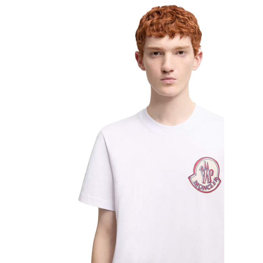 T-shirt MONCLER col rond coton blanc gros logo rouge bleu