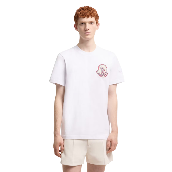 T-shirt MONCLER col rond coton blanc gros logo rouge bleu
