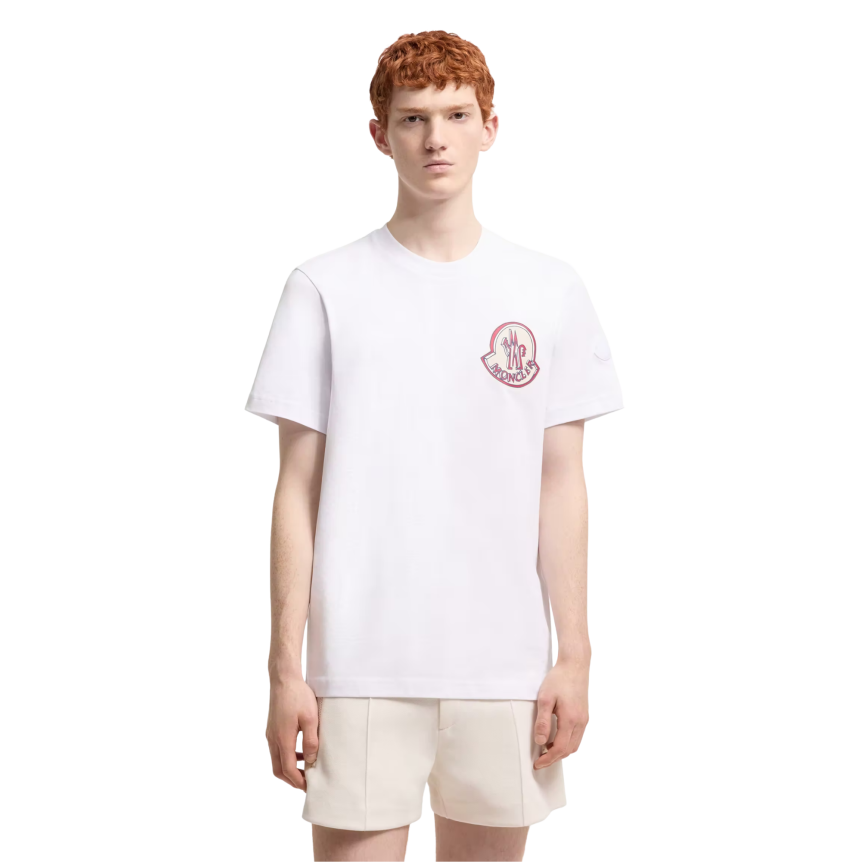 T-shirt MONCLER col rond coton blanc gros logo rouge bleu