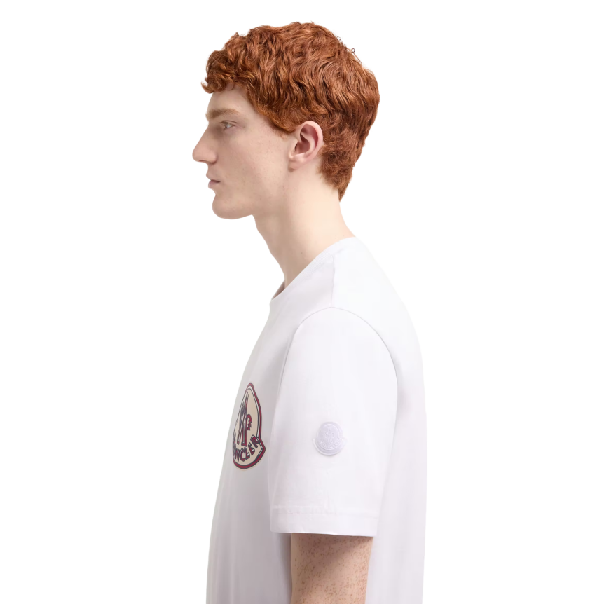 T-shirt MONCLER col rond coton blanc gros logo rouge bleu