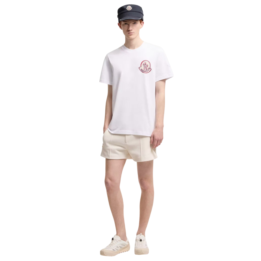 T-shirt MONCLER col rond coton blanc gros logo rouge bleu