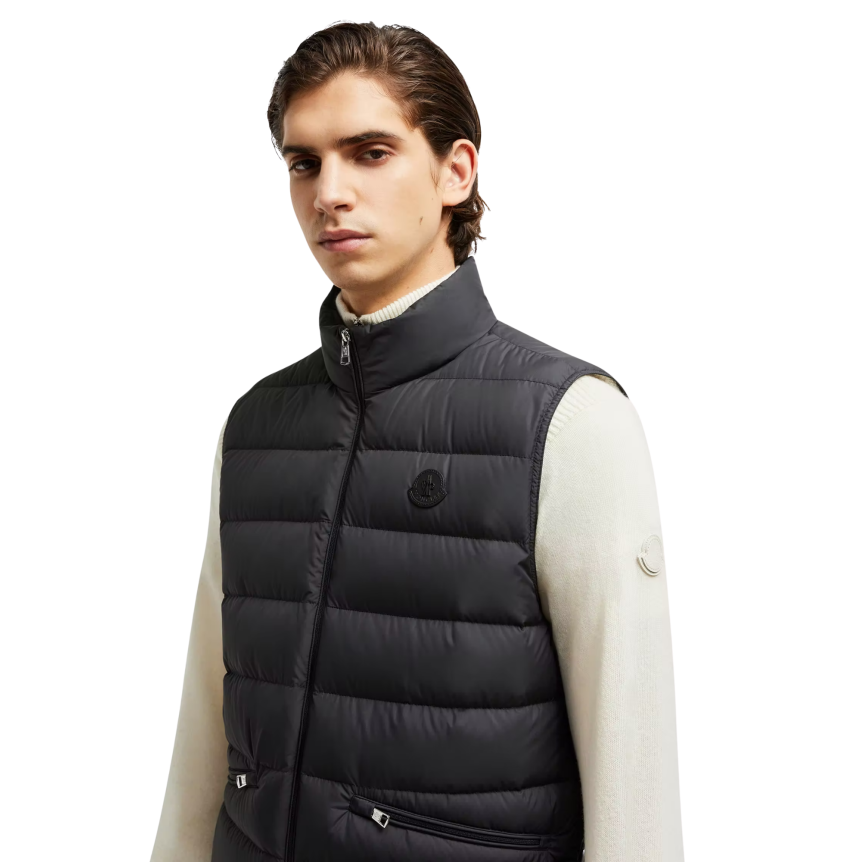 Gilet MONCLER doudoune fine sans manche Lechtal nylon noir logo noir