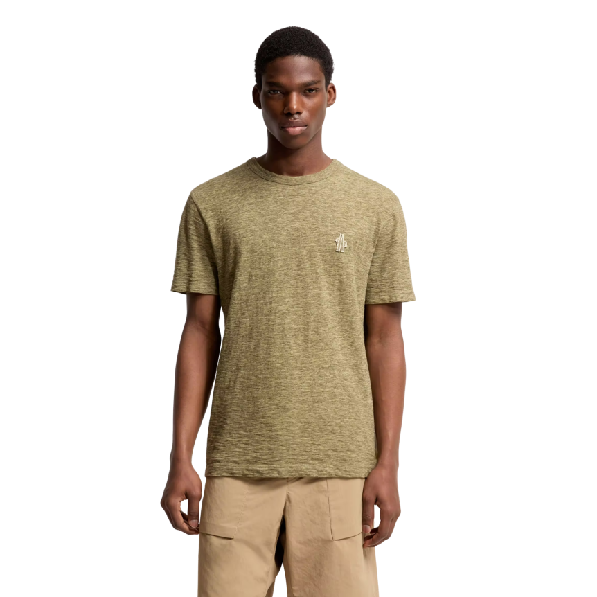 T-shirt col rond MONCLER manche courte coton effet lin vert kaki Collection Grenoble