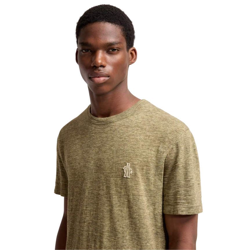 T-shirt col rond MONCLER manche courte coton effet lin vert kaki Collection Grenoble