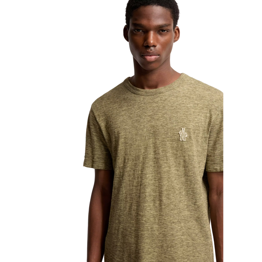 T-shirt col rond MONCLER manche courte coton effet lin vert kaki Collection Grenoble