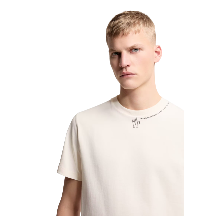 T-shirt col rond MONCLER manche courte coton écru logo écriture col Collection Grenoble