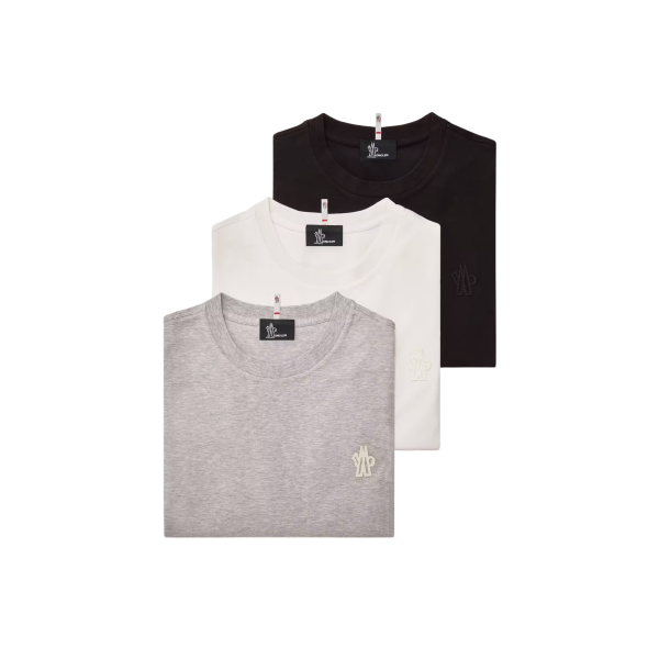 Pack 3 T-shirts MONCLER manches courtes col rond coton mélangé noir gris blanc logo Grenoble