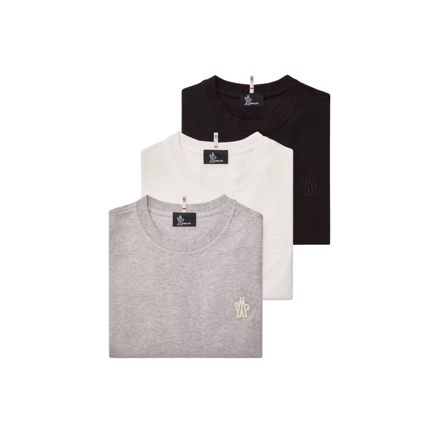 Pack 3 T-shirts MONCLER manches courtes col rond coton mélangé noir gris blanc logo Grenoble