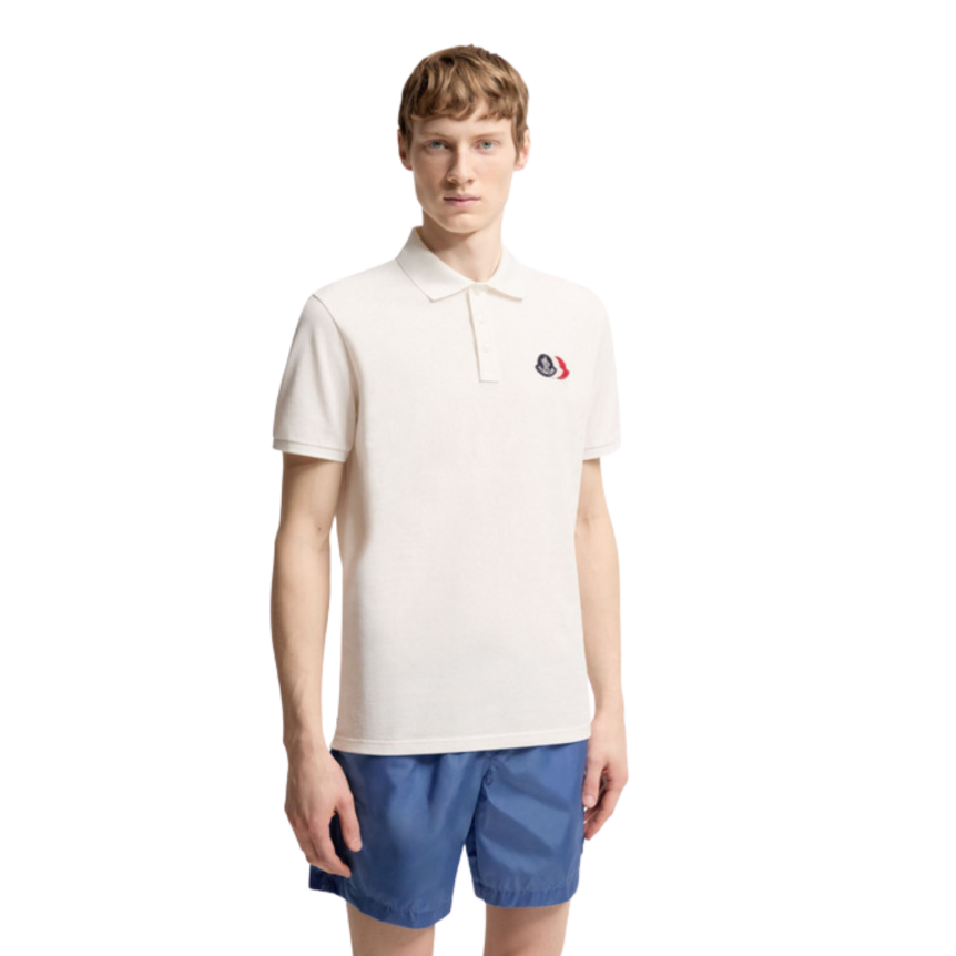 Polo MONCLER piqué de coton blanc empiècement logo tricolore