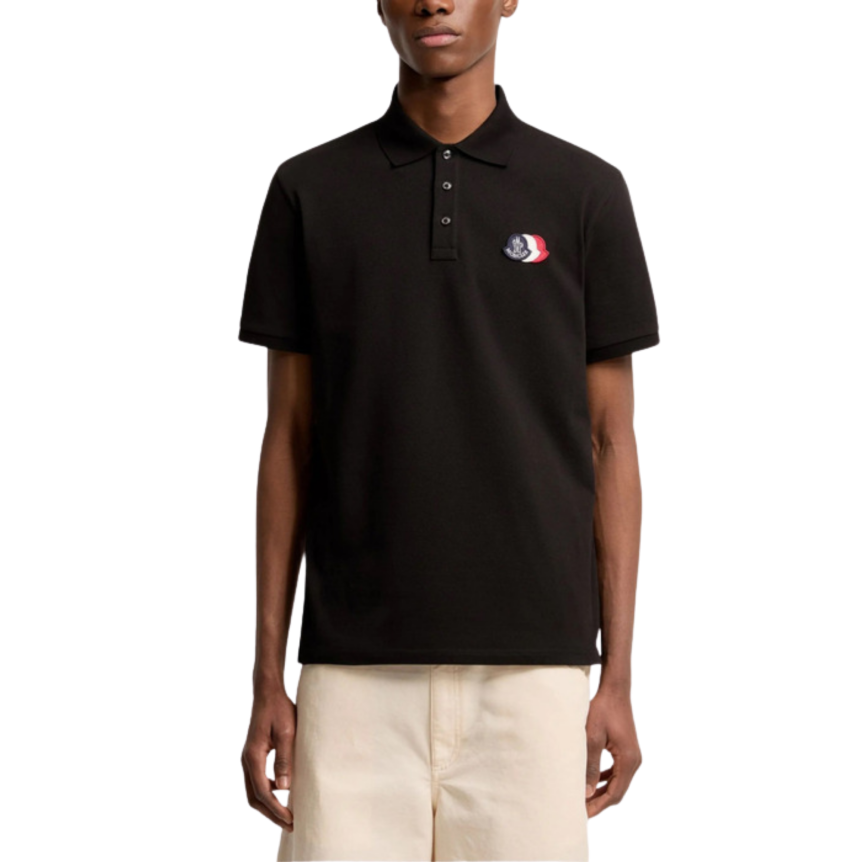 Polo MONCLER piqué de coton noir empiècement logo tricolore