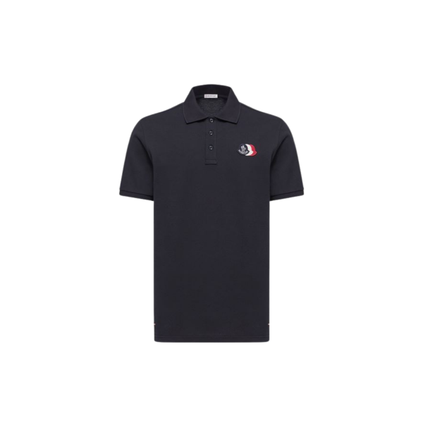 Polo MONCLER piqué de coton bleu marine empiècement logo tricolore