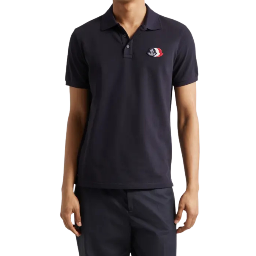 Polo MONCLER piqué de coton bleu marine empiècement logo tricolore
