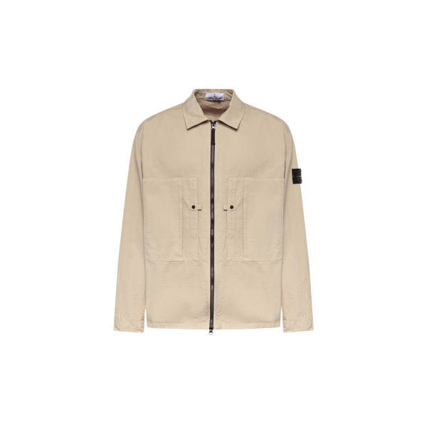 Surchemise veste zippée STONE ISLAND ripstop coton bio beige poches poitrine