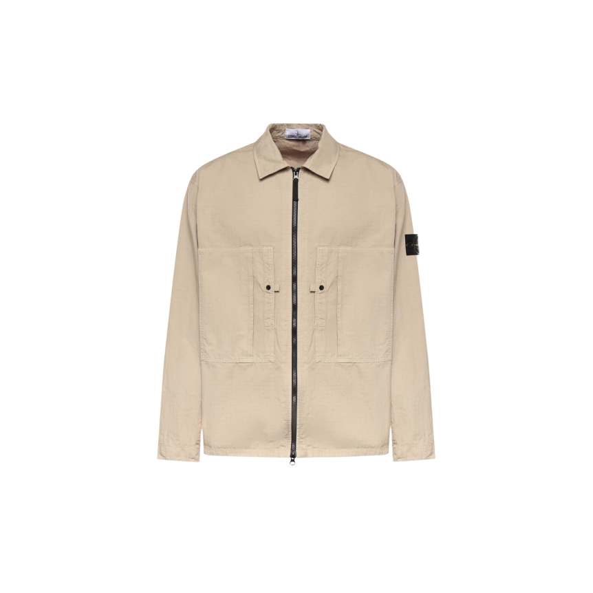 Surchemise veste zippée STONE ISLAND ripstop coton bio beige poches poitrine