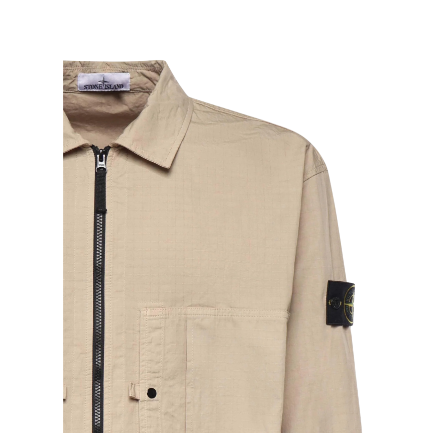 Surchemise veste zippée STONE ISLAND ripstop coton bio beige poches poitrine