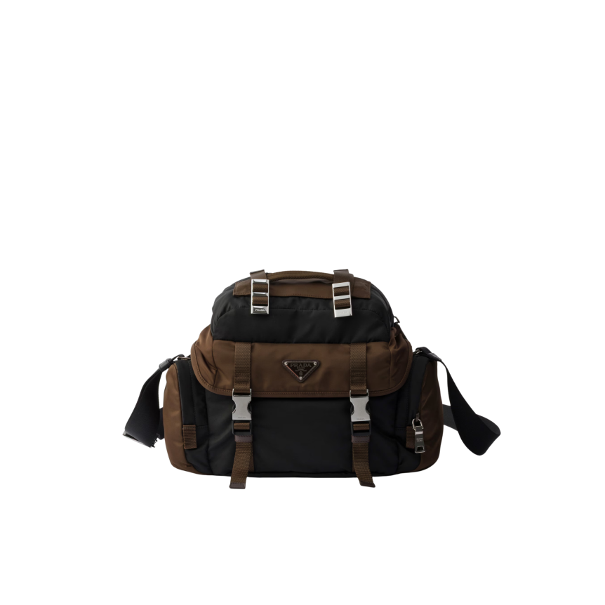 Sac porté épaule PRADA Re Nylon cuir noir marron multi poches sangles bandoulière