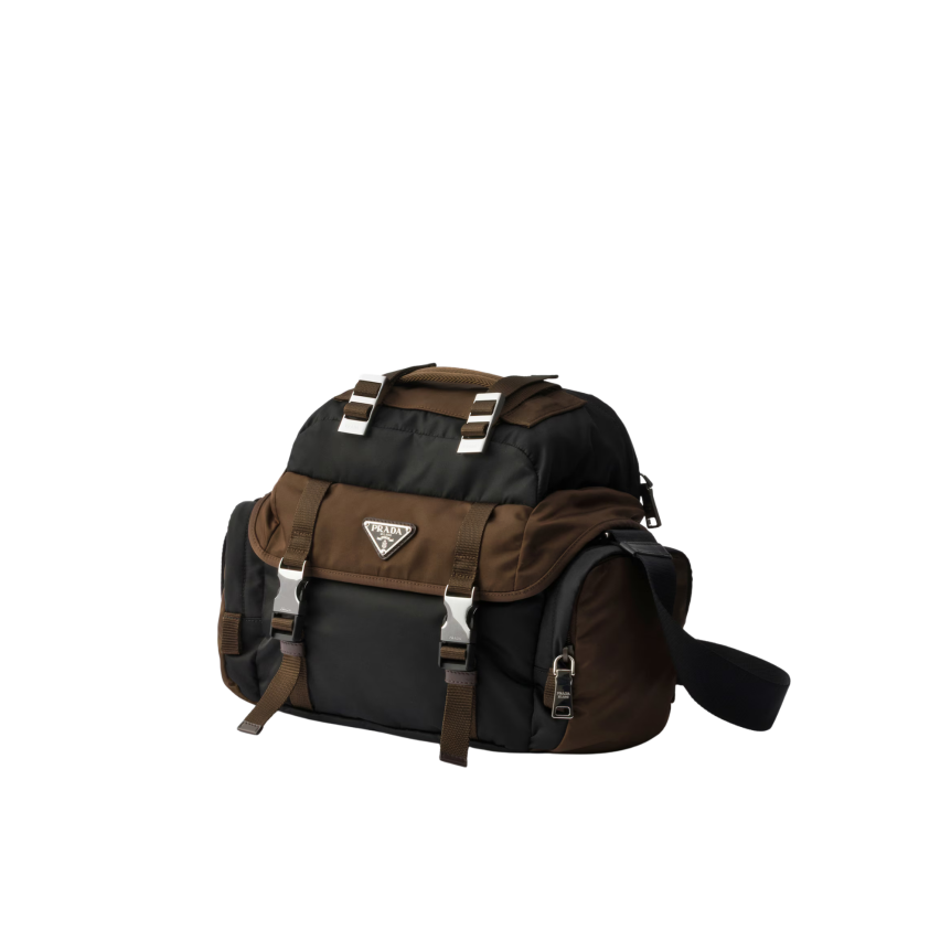 Sac porté épaule PRADA Re Nylon cuir noir marron multi poches sangles bandoulière